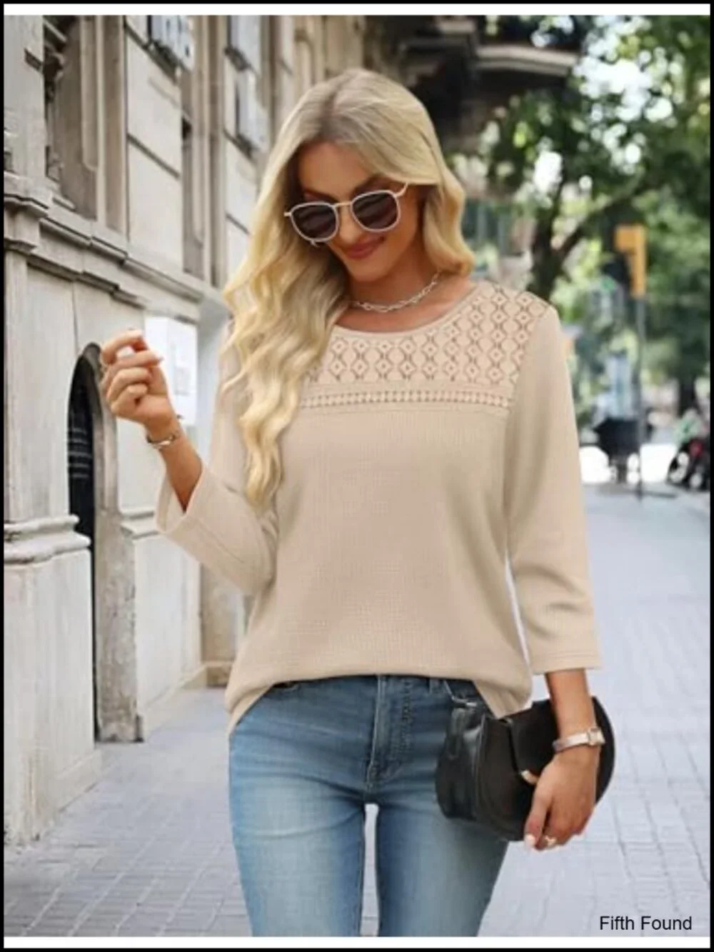3/4 Length Sleeve Blouse Dressy Casual Lace Waffle Knit Top